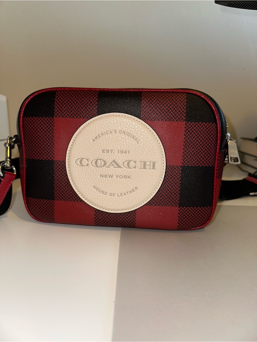 Coach Red & Black Buffalo Plaid Camera Crossbody with White Logo Patch